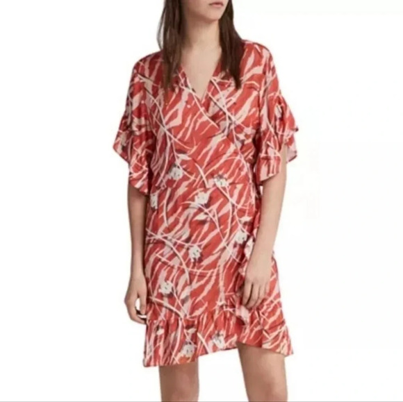All Saints Marlow Kazuna Wrap Dress Japanese Print Ruffle Trim Waist Tie Belt 6 - Picture 1 of 16